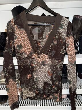 Mexx Brown Floral Patchwork V-Neck Long Sleeve Top